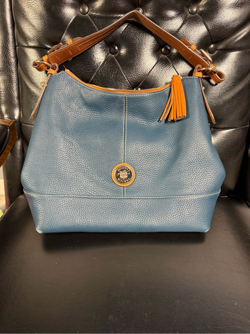 Dooney & Bourke Teal Leather Shoulder Hobo with Brown Trim - Picture 1 of 3